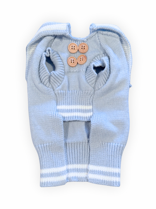 Small dog wearing sleeveless knit top with sailor-inspired buttons down the front