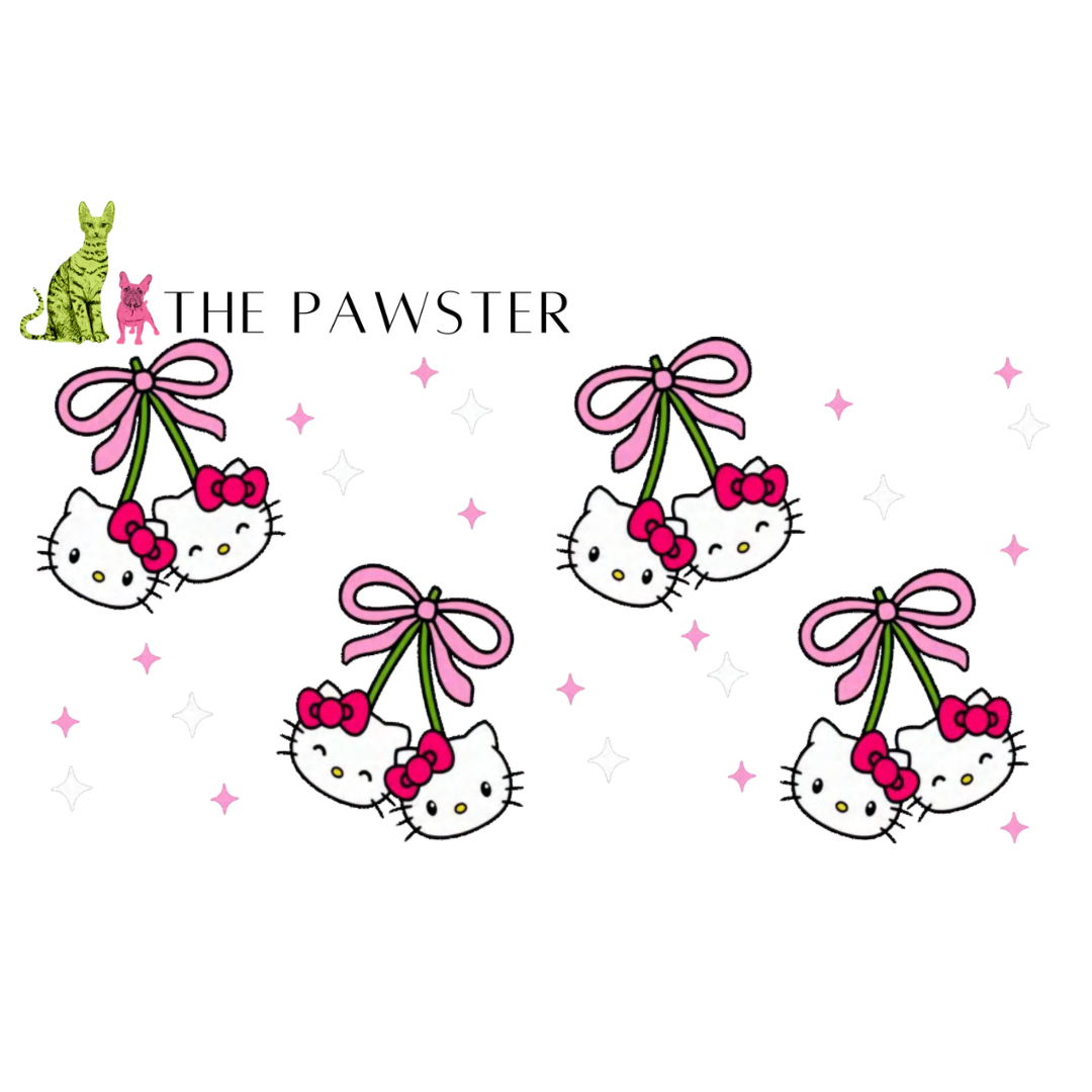 UV DTF cup wrap with kitty faces shaped like cherries, pink bows, and sparkles