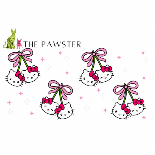 UV DTF cup wrap with kitty faces shaped like cherries, pink bows, and sparkles