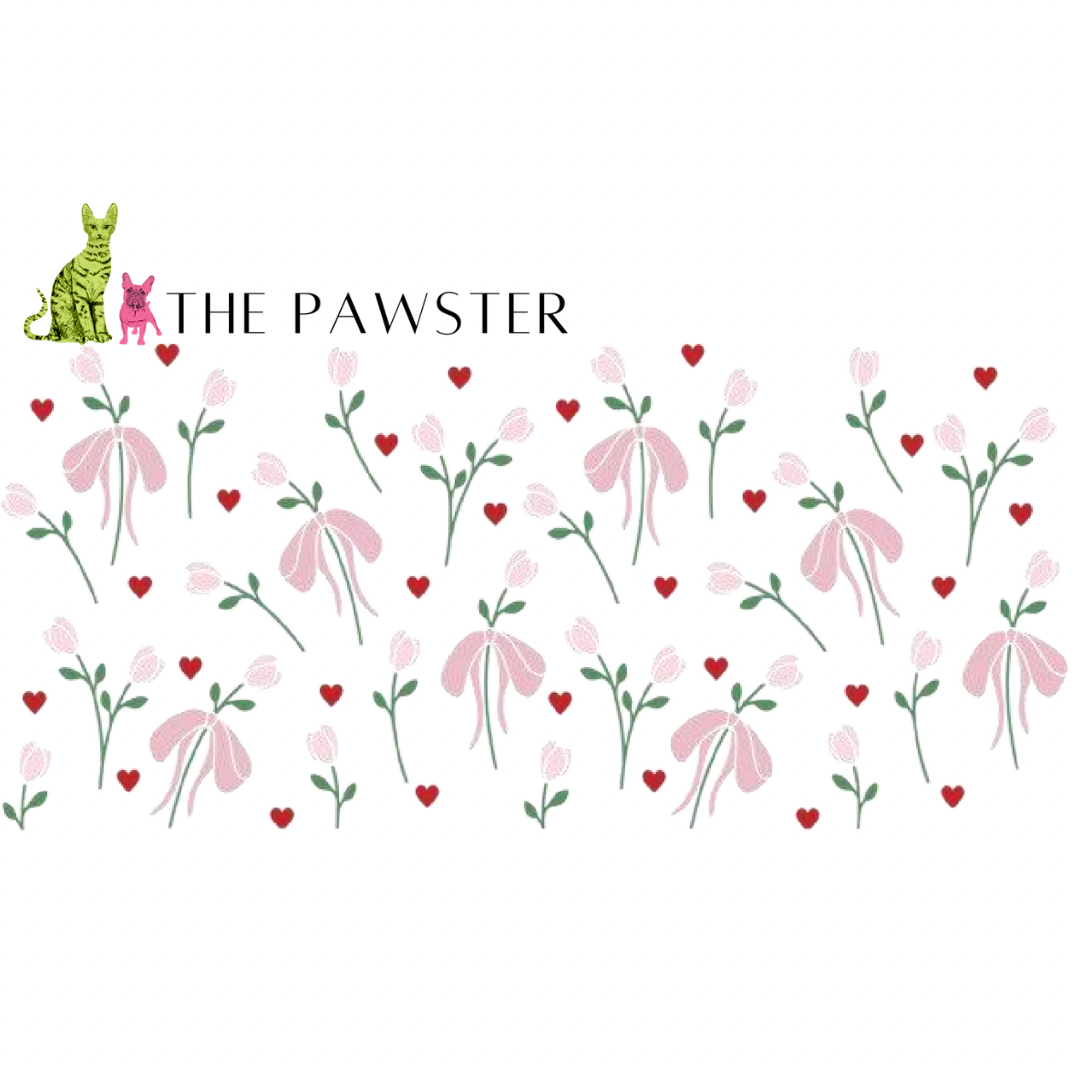 Double-sided UV DTF cup wrap with pink tulips, bows, and red hearts