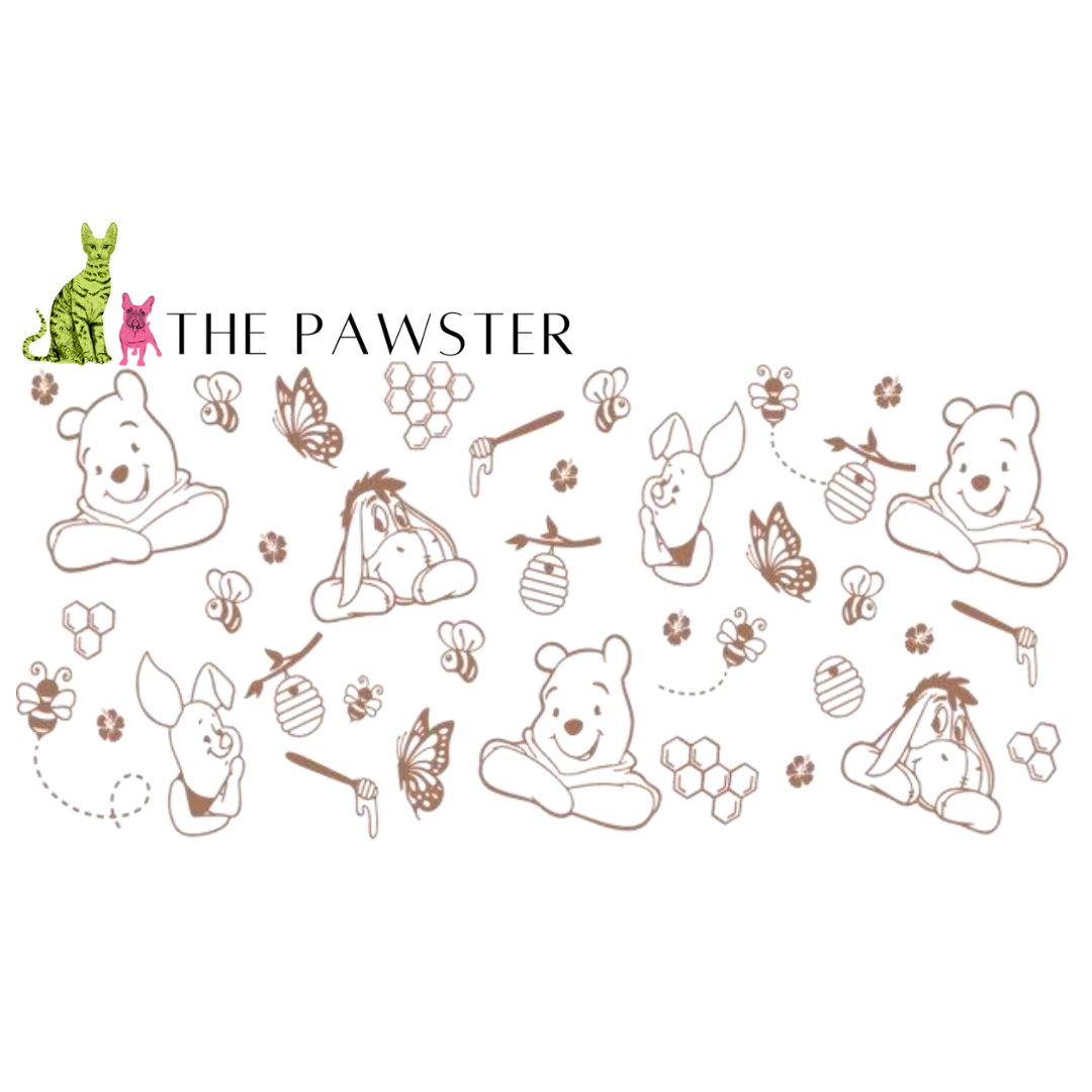 Double-sided Winnie the Pooh and friends UV DTF cup wrap with bees, butterflies, and honeycombs