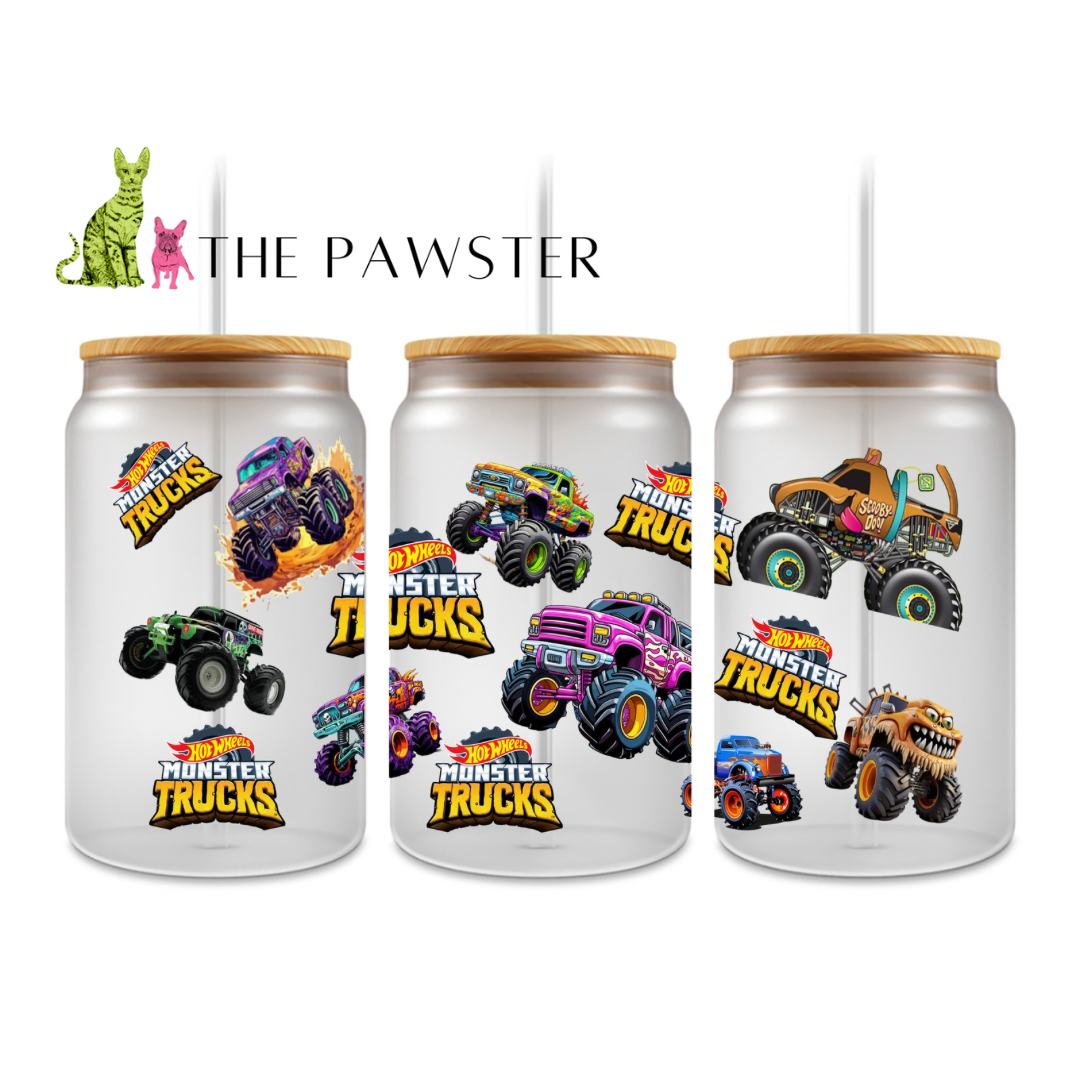 Double-sided UV DTF cup wrap with Hot Wheels monster trucks, including Scooby-Doo and Bone Shaker, on a clear background