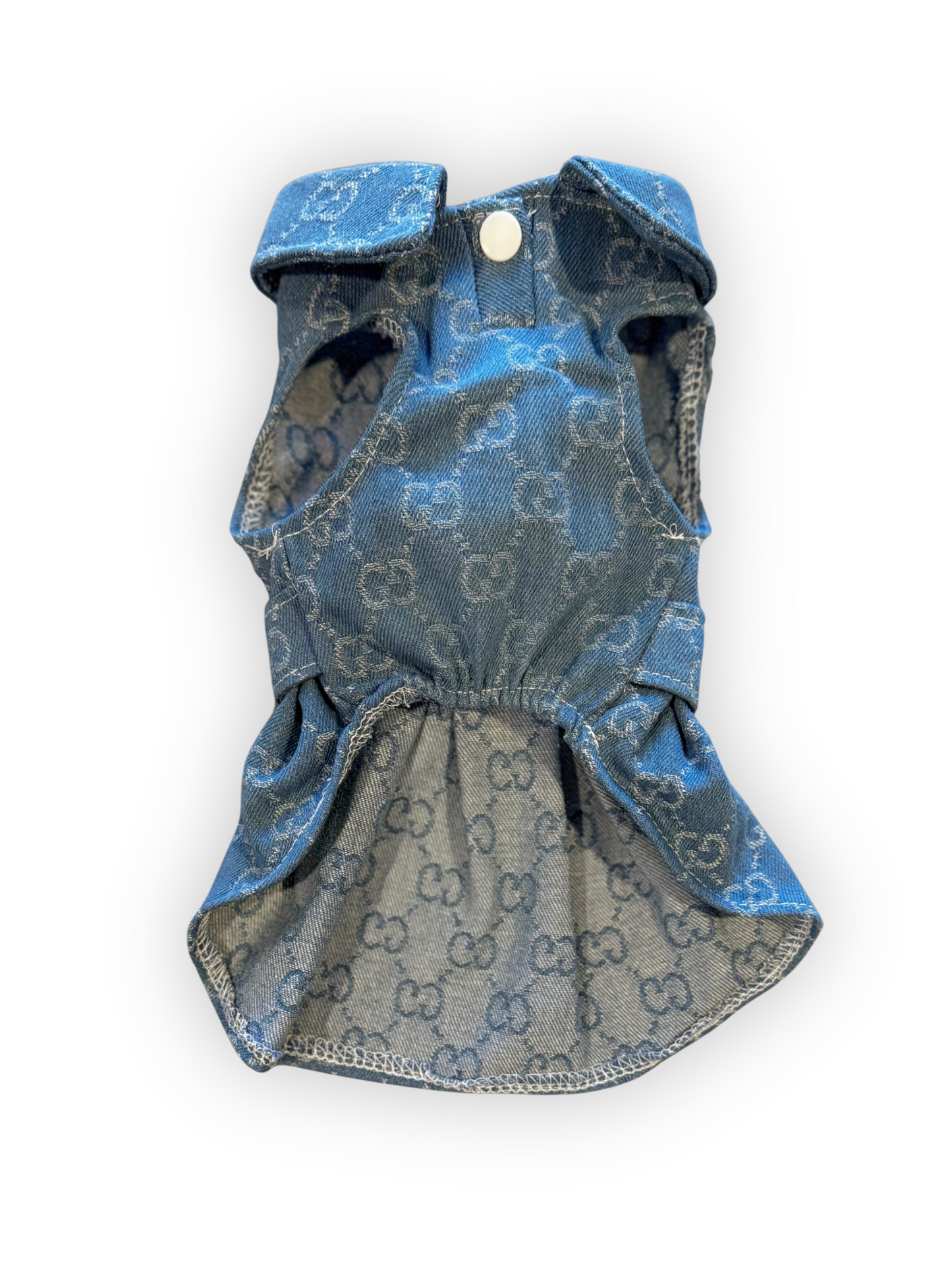 Sweetheart Buckle Dress – Chic Denim Dog Dress with Pearl Details