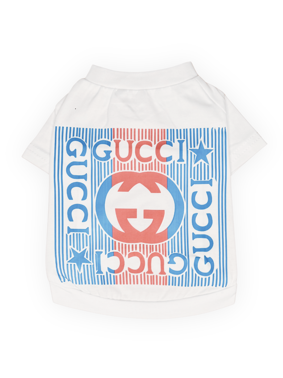 white patriotic dog tee with red and blue graphic design