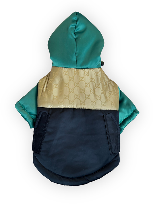 The Grrrci Luxe Bomber designer dog jacket with logo sleeves and adjustable drawstring hood – The Pawster