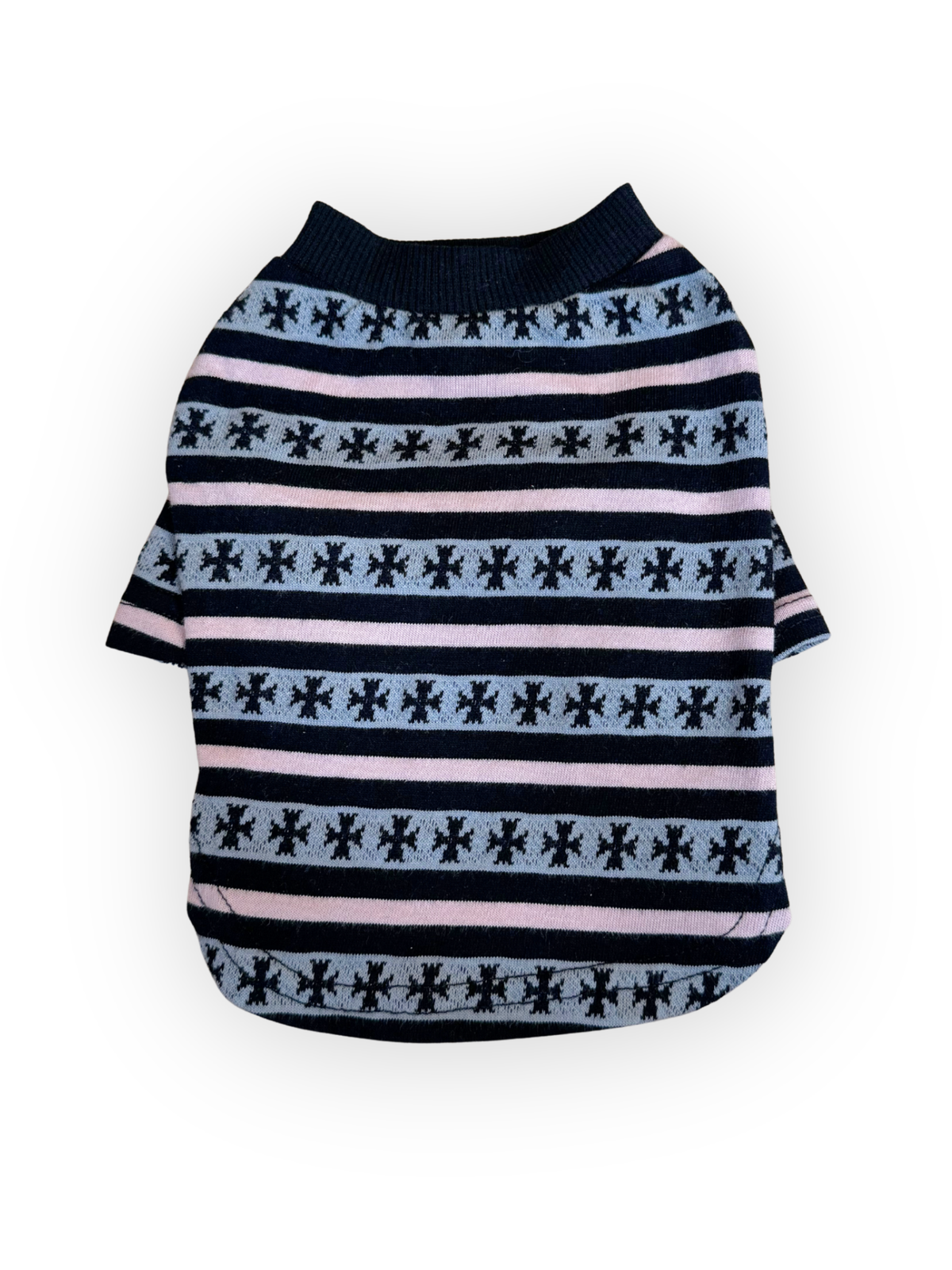 High-neck striped dog top in pink, black, and gray worn in size small