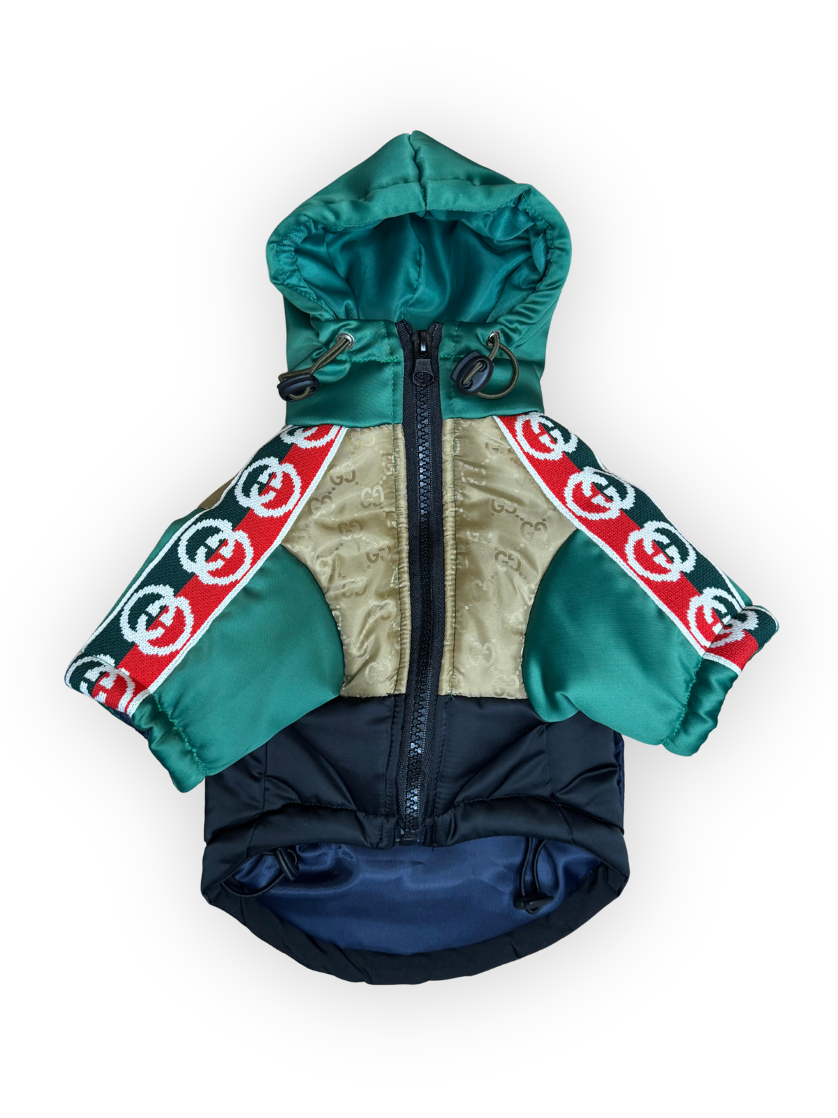 The Grrrci Luxe Bomber designer dog jacket with logo sleeves and adjustable drawstring hood – The Pawster