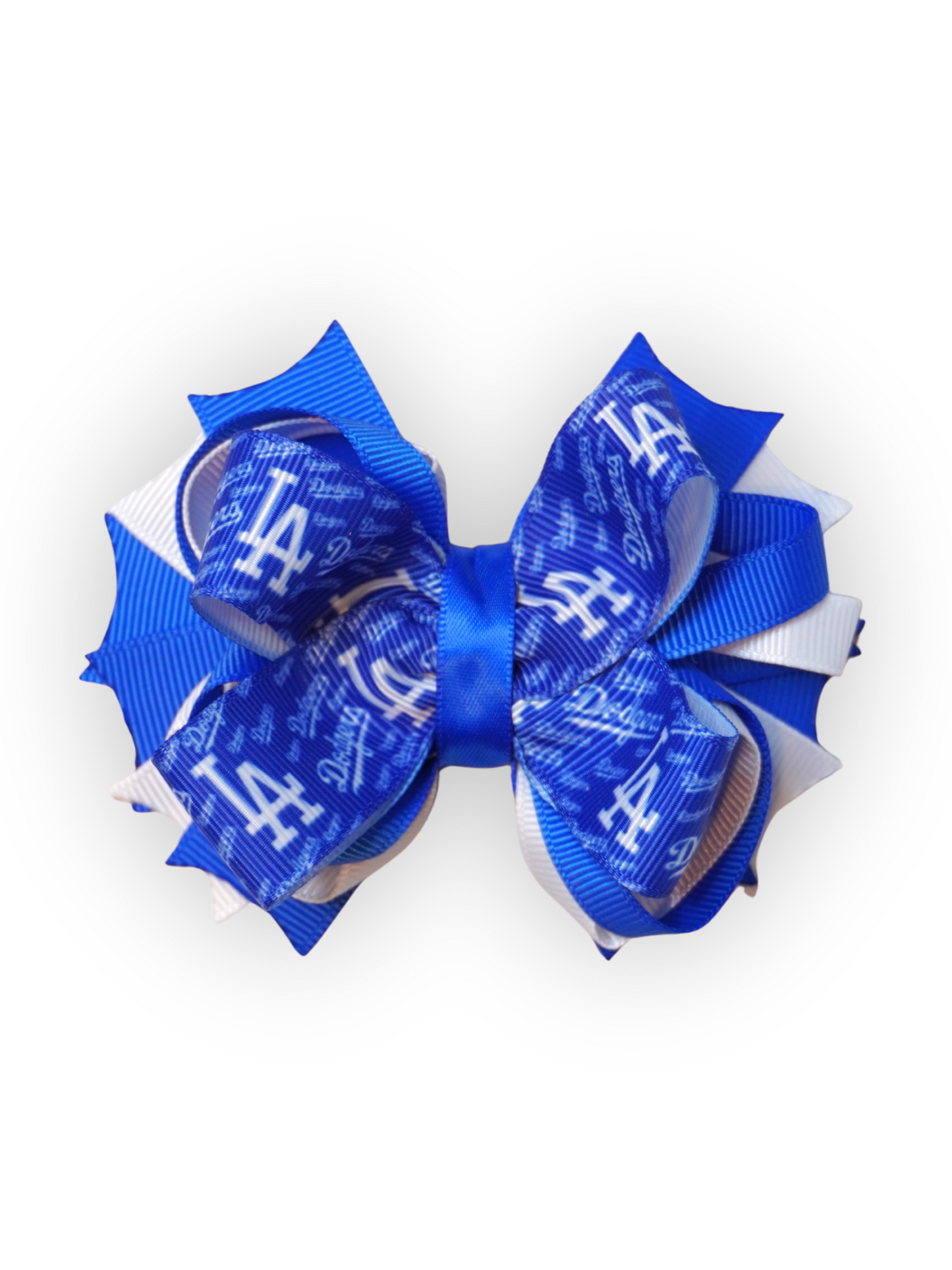Handmade LA Dodgers-inspired royal blue and white layered grosgrain bow for dogs, kids, and adults