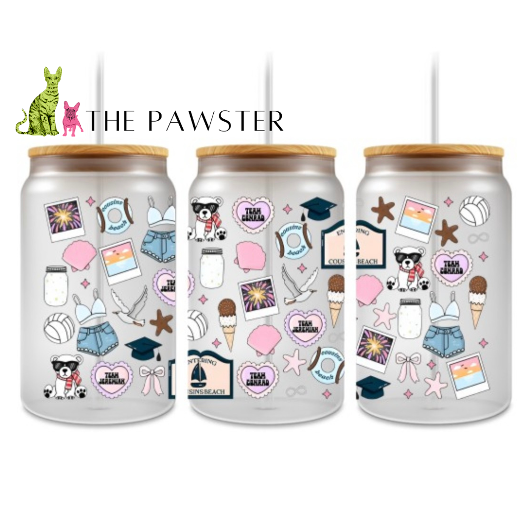 Double-sided Coastal Summer Bear UV DTF wrap featuring bears, volleyball, ice cream, fireworks, and beachy details.