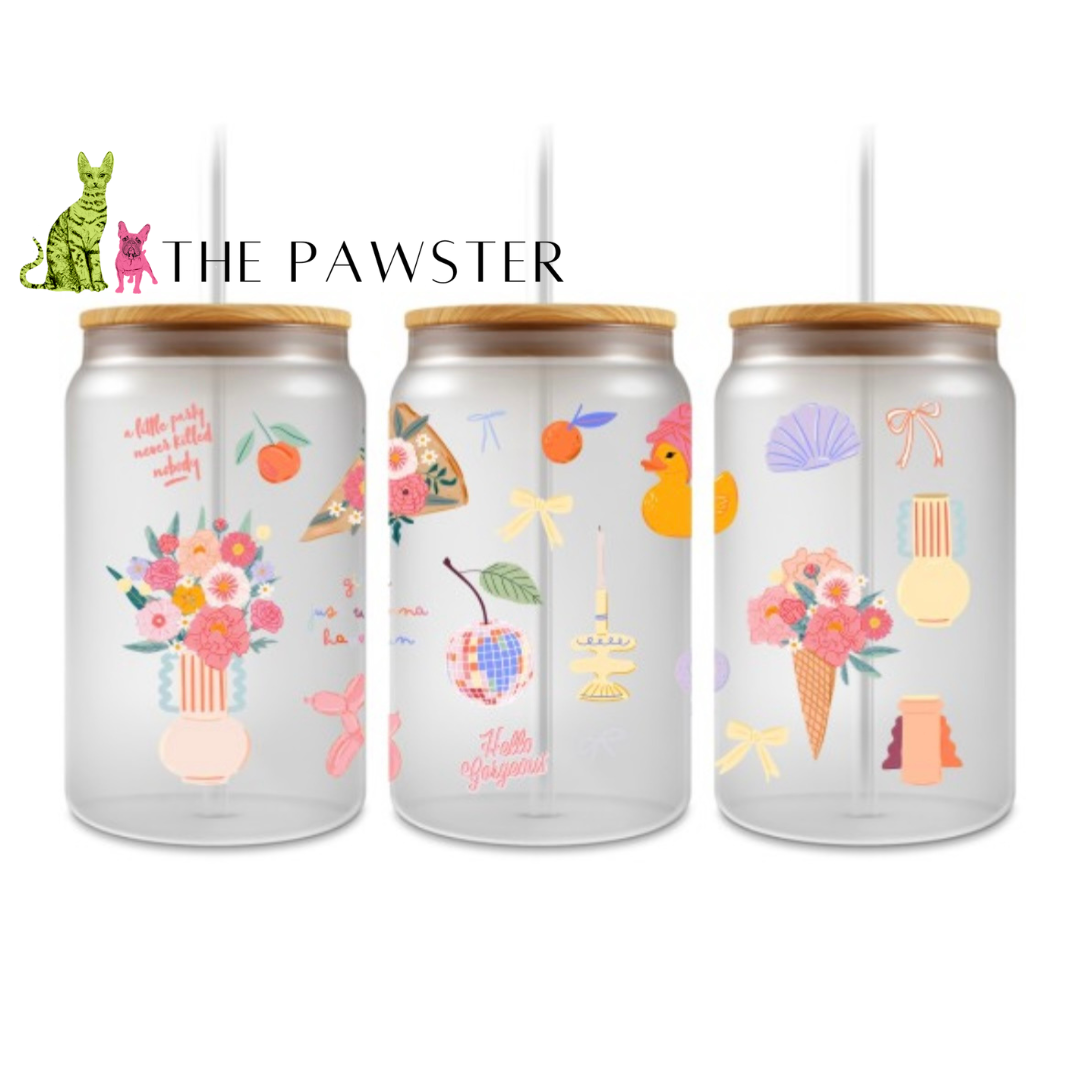 Pastel Party UV DTF cup wrap with soft colors and designs including bows, florals, fruit, and aesthetic icons.