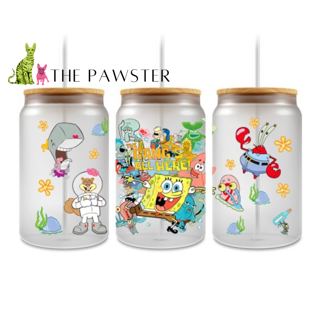 Undersea Crew UV DTF wrap with colorful cartoon sea creatures and ocean theme on glass can cups – The Pawster