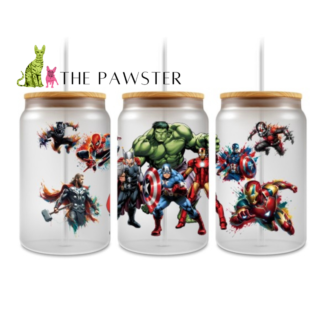 The Pawster Hero Squad Cup Wrap – Double-Sided UV DTF Wrap with Comic-Inspired Superheroes in Action Poses