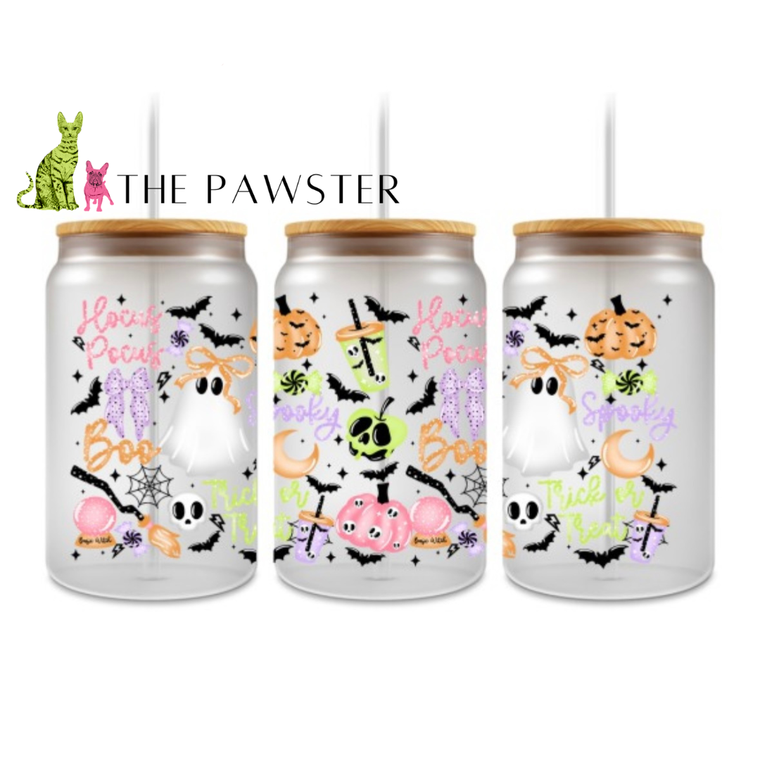 The Pawster Neon Pastel Halloween UV DTF Wrap with ghosts, pumpkins, stars, spiderwebs, and “Trick or Treat” text on a clear can.
