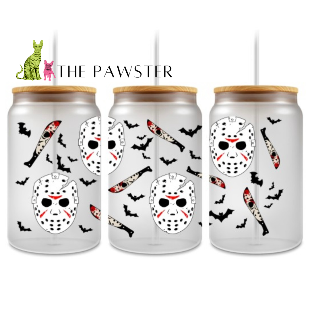 Halloween horror UV DTF wrap with scary mask, bats, and blood-splattered bats – double-sided cup decal for 16oz glass can
