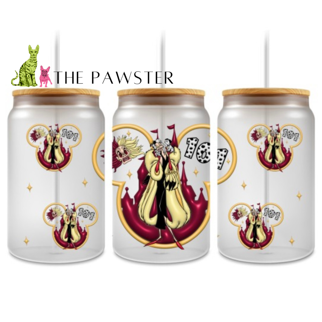 Villain Energy UV DTF wrap on glass can cups with red and gold bold villain design, double-sided.