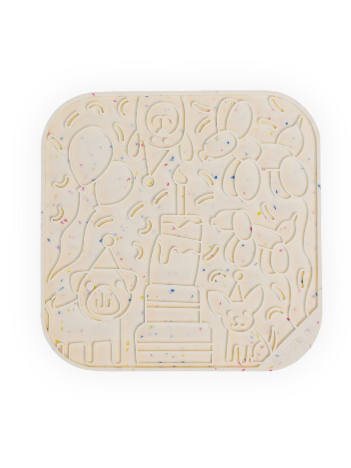 Confetti-colored 8x8 dog lick mat with birthday cake, balloons, and party designs – enrichment slow feeder for dogs