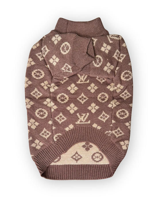 Furry Vuiton Truffle brown and tan monogram-inspired knit dog sweater back view by The Pawster