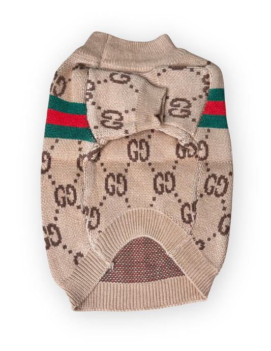 Grrrci Torino tan monogram-inspired dog sweater with green and red stripes back view by The Pawster