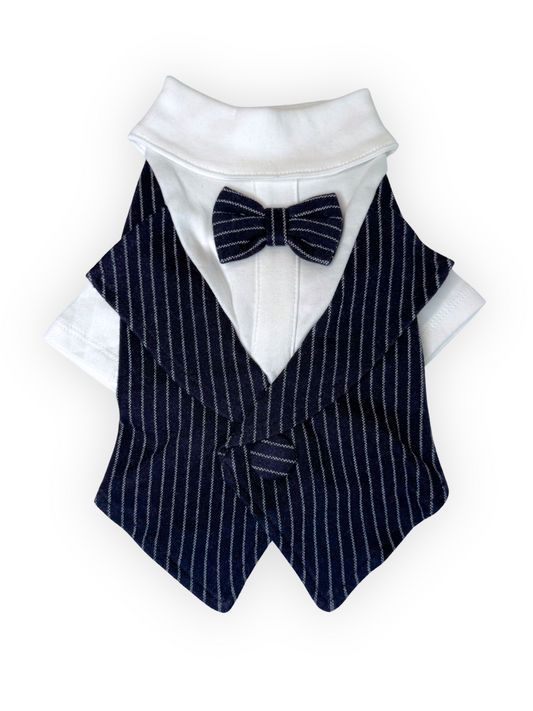 Back view of Pawster navy blue dog tuxedo with soft fabric and tailored design