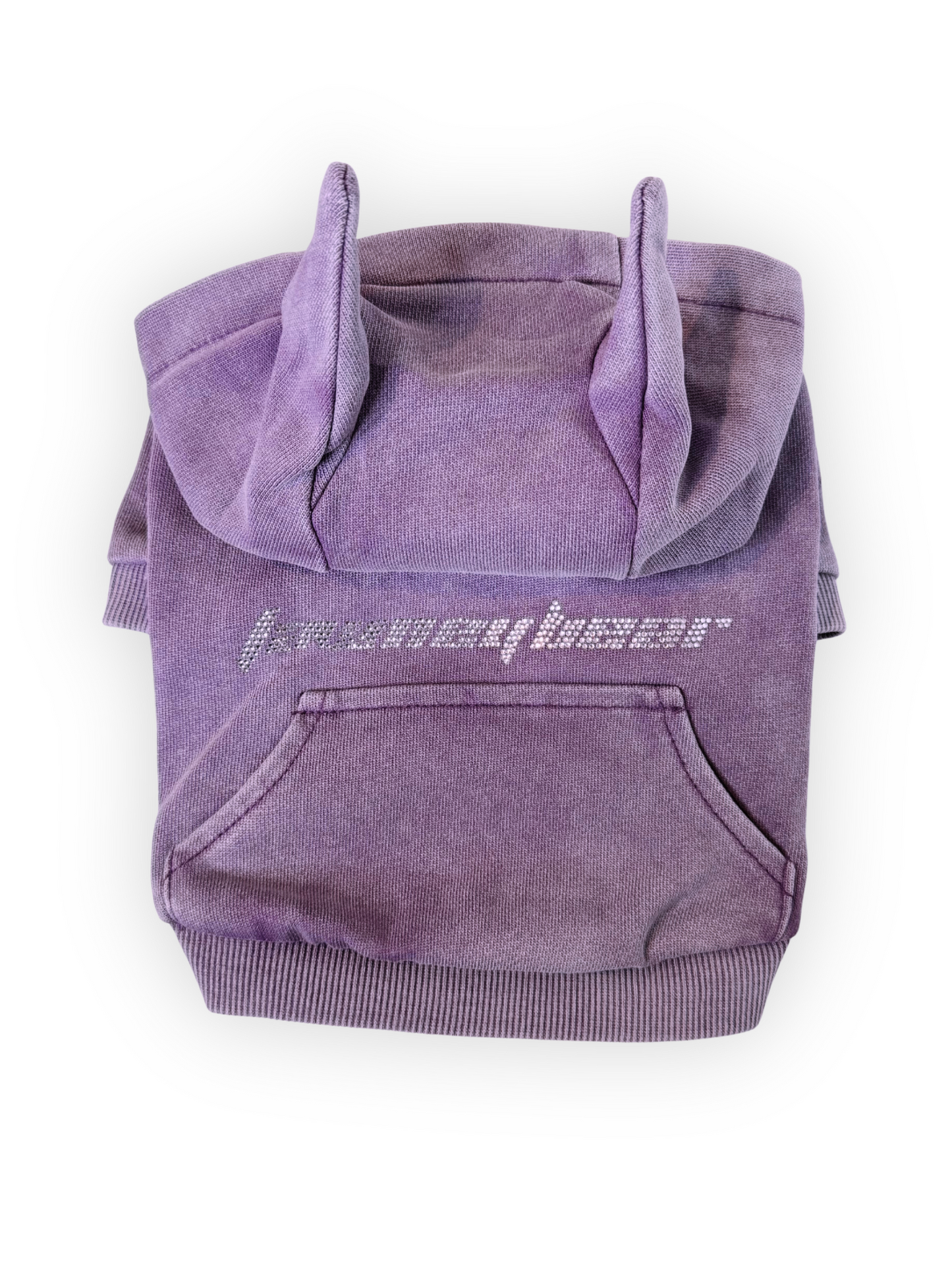 Dog wearing Pawster Tawney Bear rhinestone hoodie in purple with horns