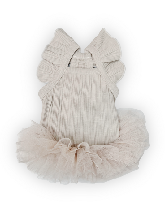 Back view of Pawster Tutu Much Cuteness Dog Dress in oatmeal