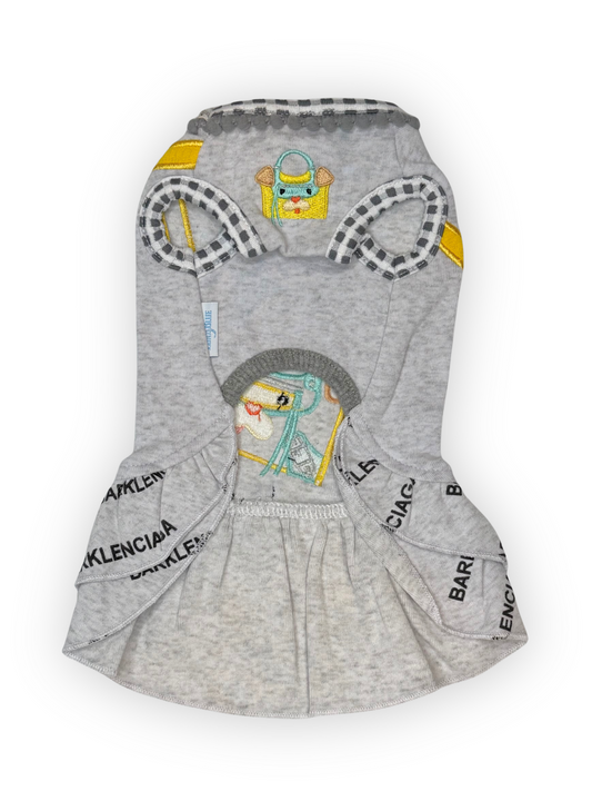 The Pawster Luna Blue Barklenciaga City Dog Dress front view with embroidered bag