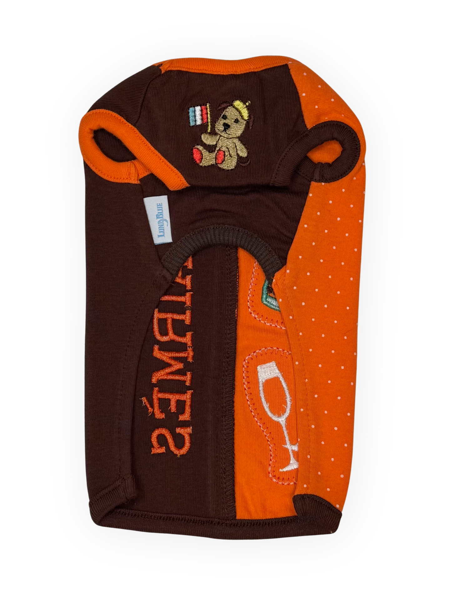 The Pawster Luna Blue Hairmès Two Tone Champagne Dog Tank front view with embroidered champagne design