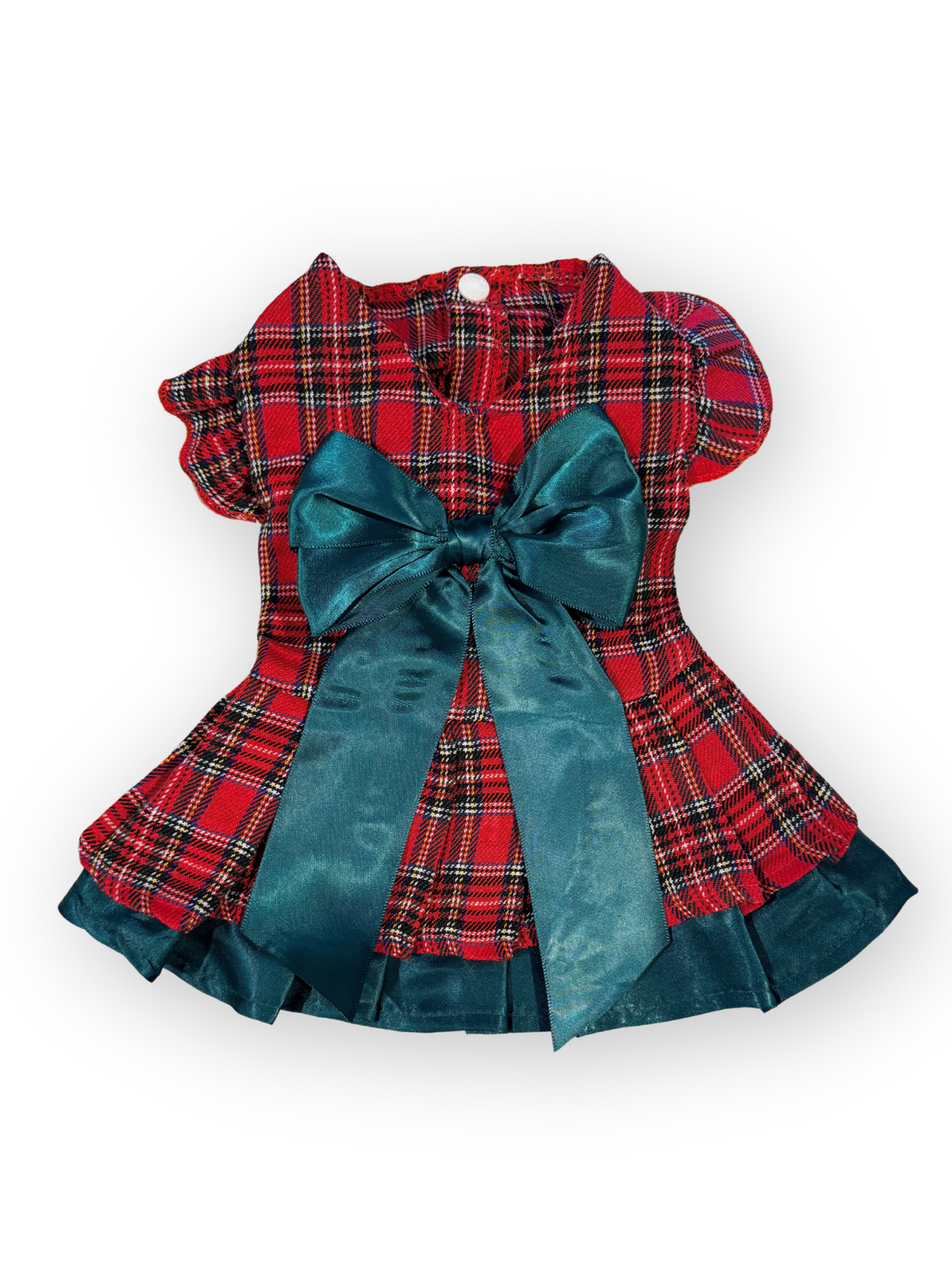 The Pawster Park Avenue Plaid Dress in Red – back view with oversized bow and plaid layers