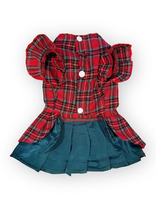 The Pawster Park Avenue Plaid Dress in Red – ruffled sleeves, layered skirt, oversized bow, front view
