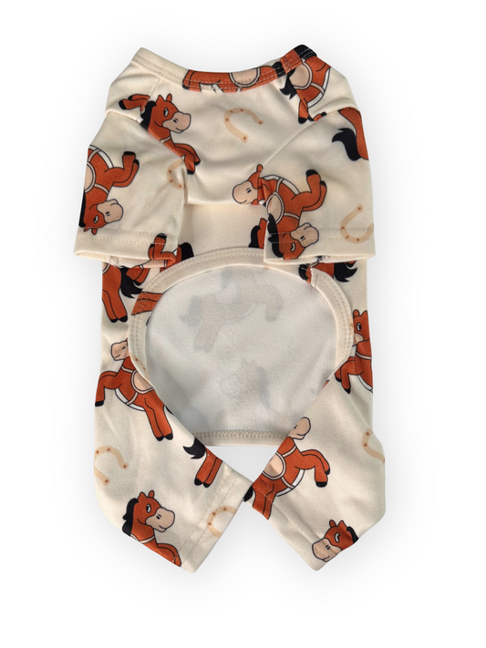 The Pawster Stable Snuggles dog onesie back with horse and horseshoe print, soft fleece fabric, and D-ring on back