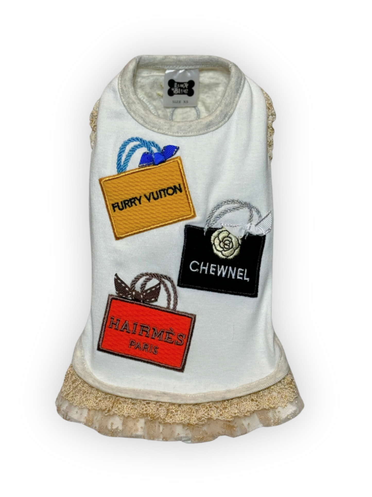 The Shopaholic Dress – limited edition designer-inspired dog dress with embroidered Furry Vuiton, Chewnel, and Hairmès shopping bags – The Pawster
