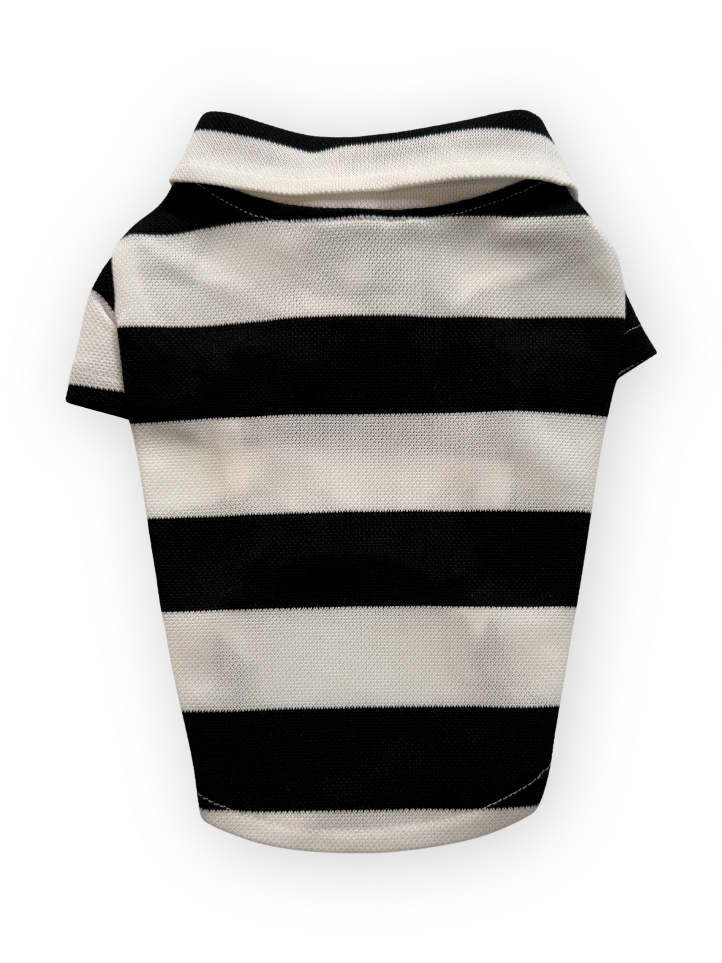 back the Pawster Country Club Polo Dog Top in black with stripes and collar