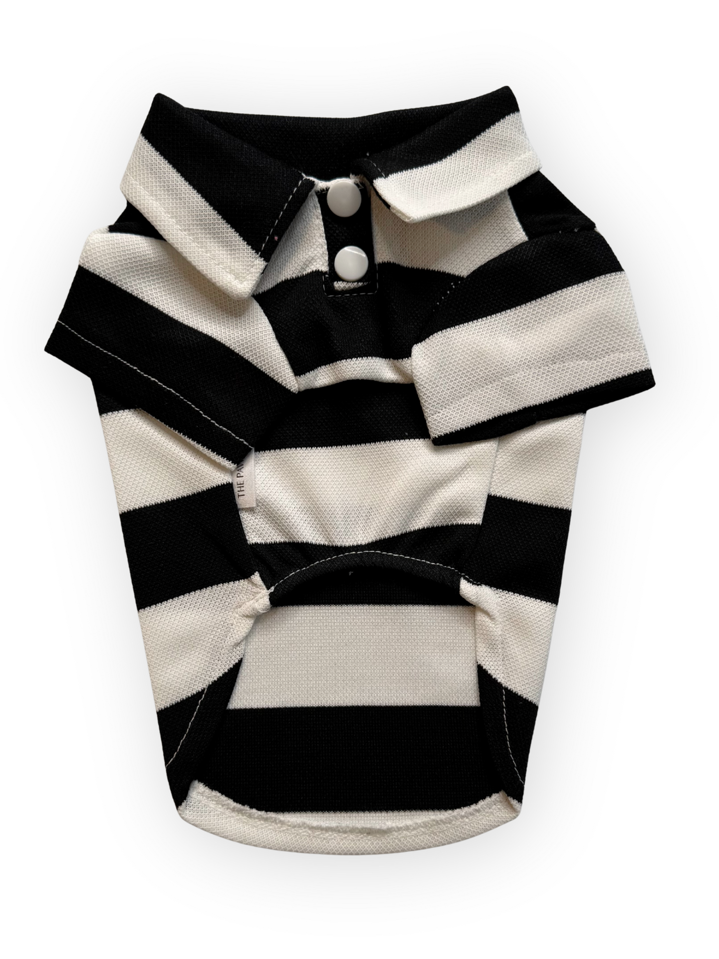 The Pawster Country Club Polo Dog Top in black with stripes and collar