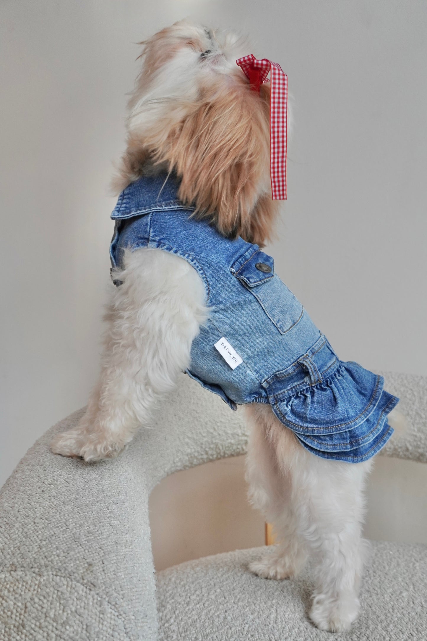 Side view of small dog standing on chair wearing a stretchy denim dog dress with cargo pocket detail and double-layer ruffled skirt. Branded “The Pawster” tag on the side.