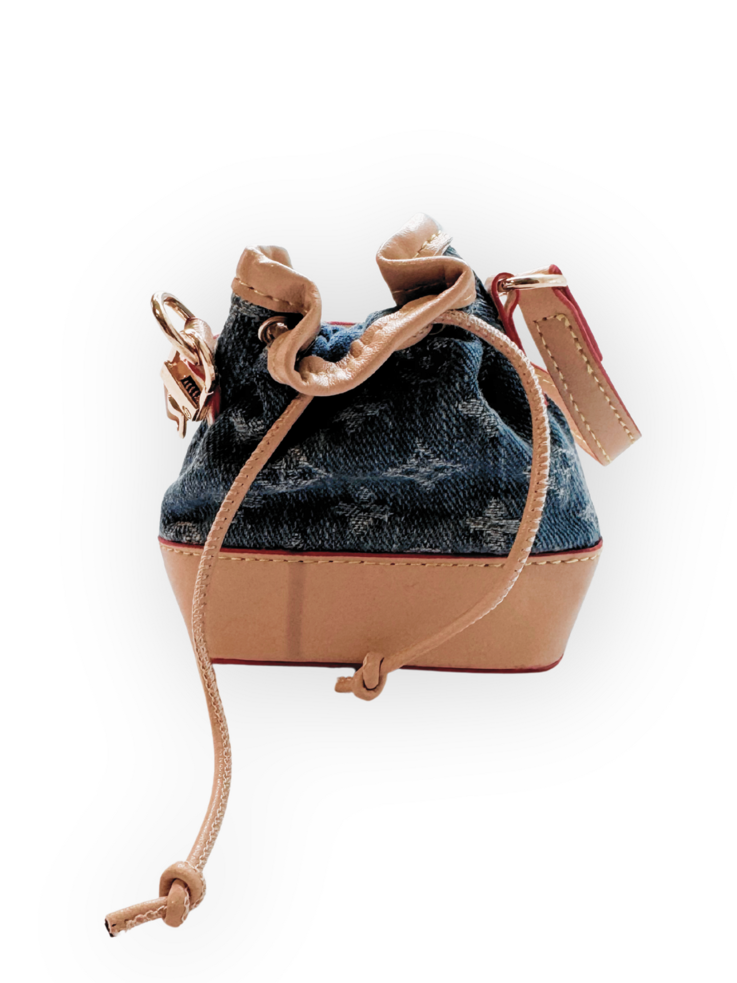 Front view of The Pawster Furry Vuiton Bucket Bag Poop Bag Holder in designer-inspired style