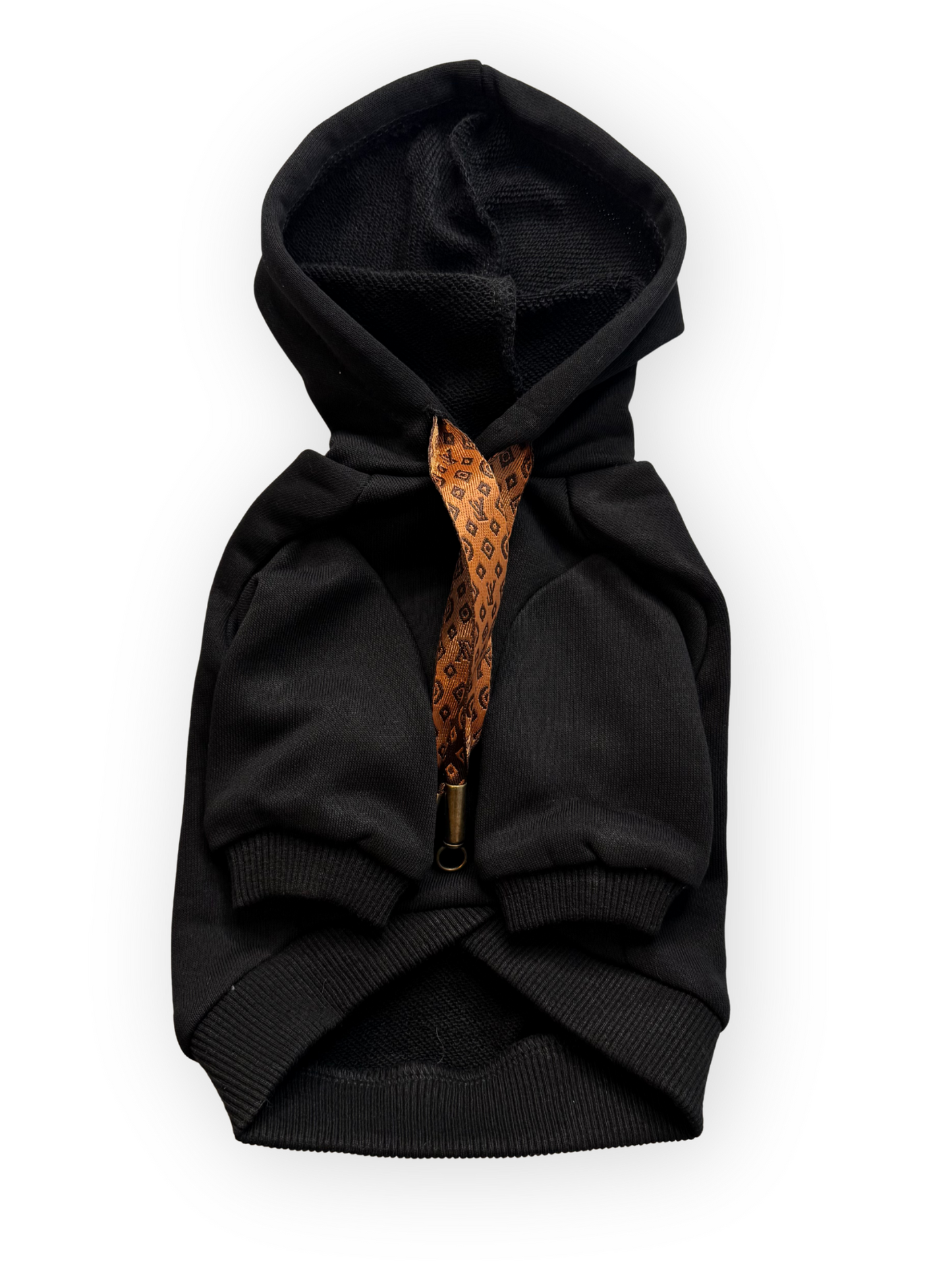 Furry Vuiton Dog Hoodie by The Pawster with off-center logo in black (Onyx) back