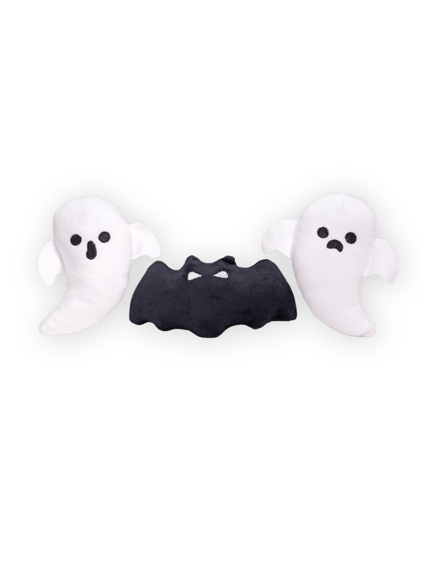 Detail of squeaky ghosts and spooky bat from Haunted Tree Dog Toy
