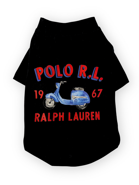 Front view of The Pawster Heritage Rider Tee with red and blue moped design black