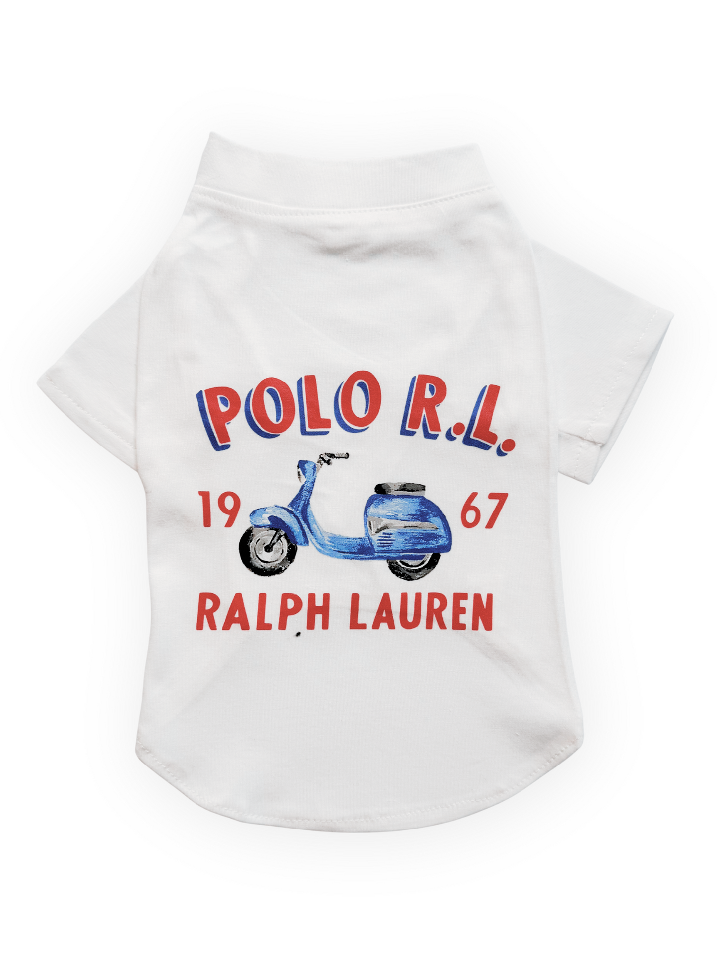 Front view of The Pawster Heritage Rider Tee with red and blue moped design