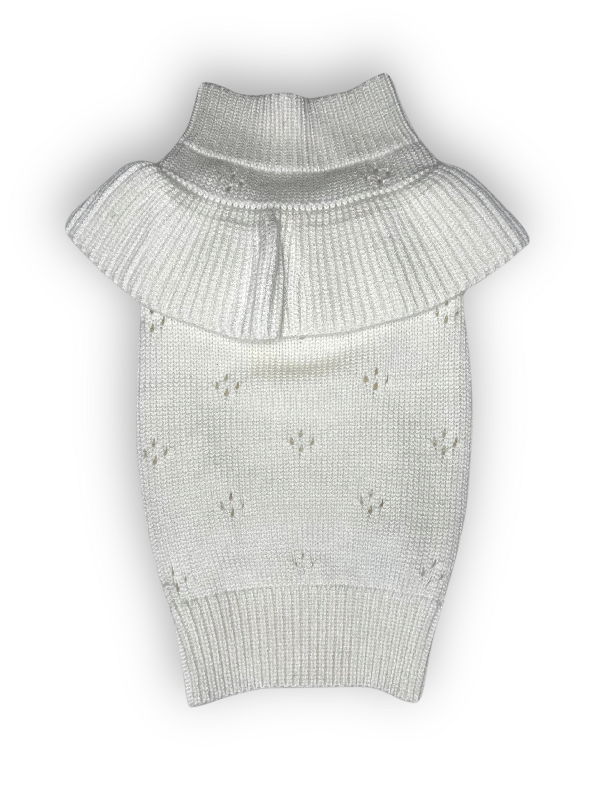 A white, sleeveless knitted pet sweater with a high neck and ruffle trim.