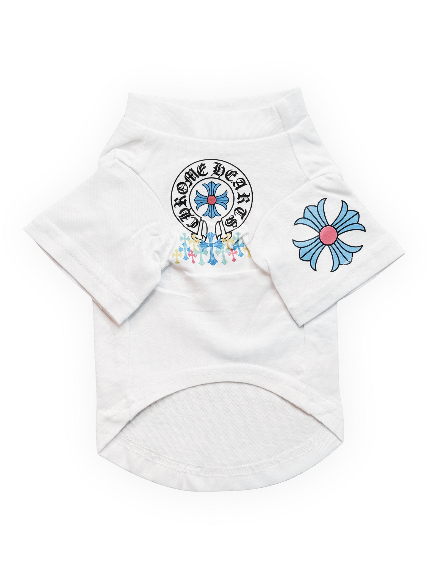 Dog wearing The Pawster Paws of Hearts Tee, stylish high-neck dog shirt