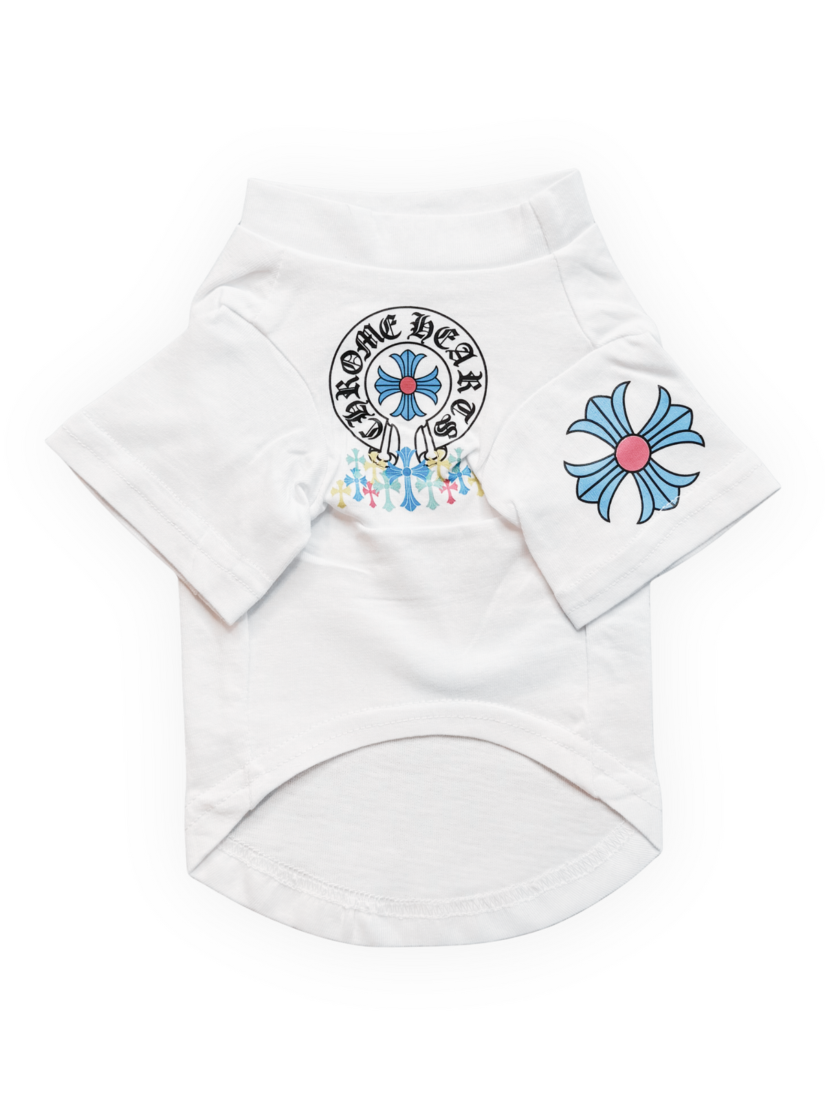 Dog wearing The Pawster Paws of Hearts Tee, stylish high-neck dog shirt