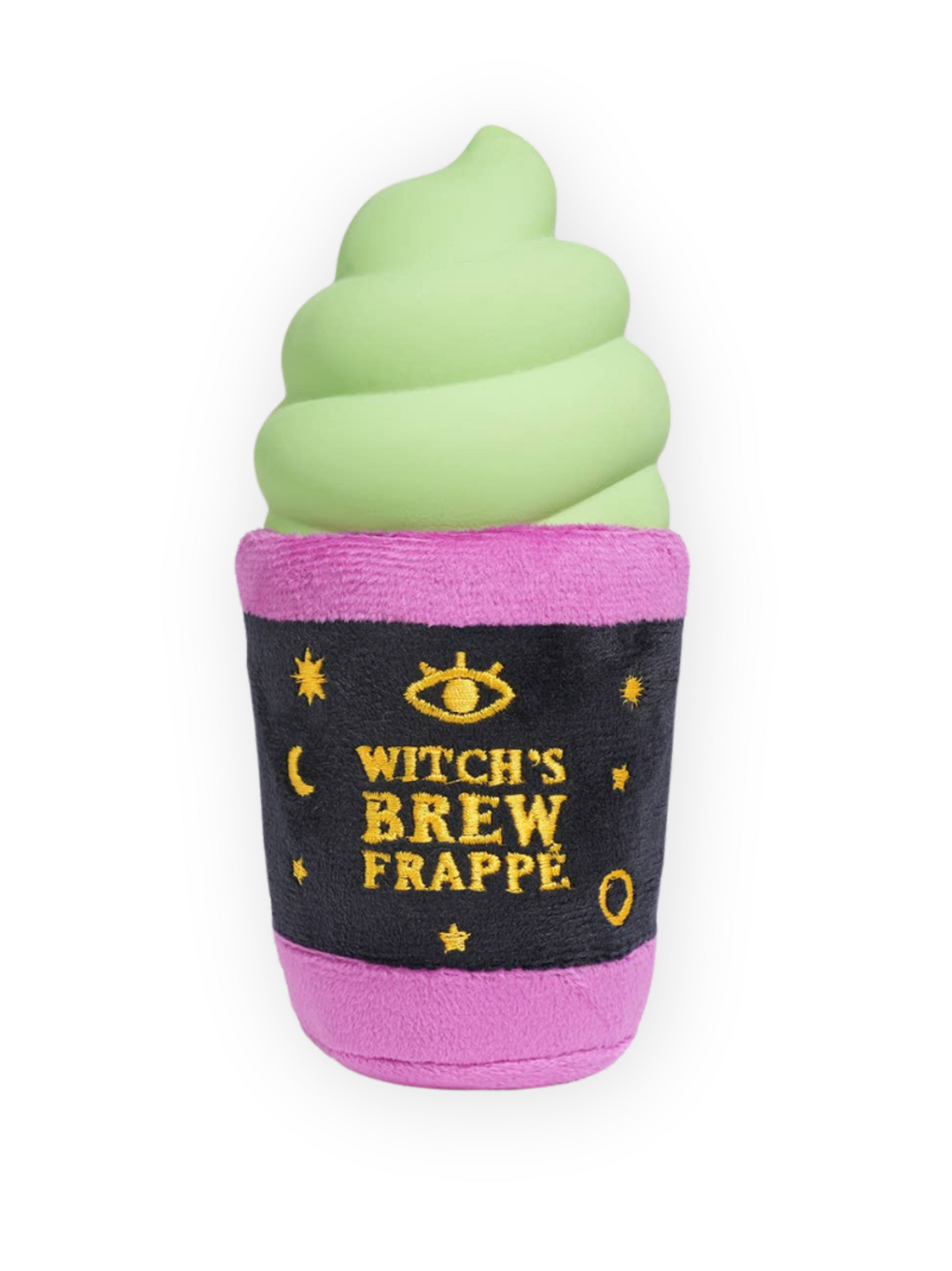 Front view of The Pawster Witch Brew Frapp Halloween Dog Toy with plush cup and latex whip