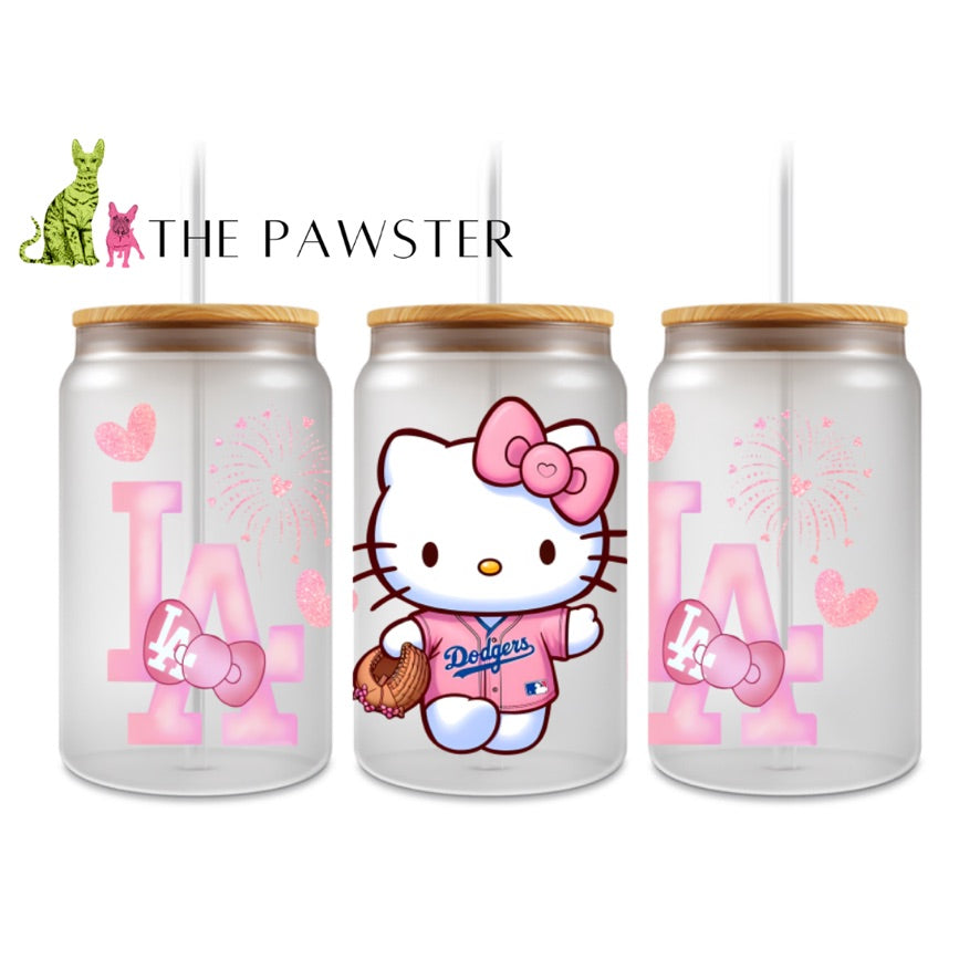 The Pawster Pink Bow Kitty Baseball Cup Wrap – UV DTF Wrap with Cute Kitty in Pink Jersey, Baseball Glove, Fireworks and Hearts