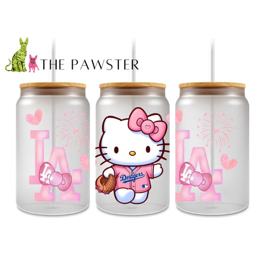 The Pawster Pink Bow Kitty Baseball Cup Wrap – UV DTF Wrap with Cute Kitty in Pink Jersey, Baseball Glove, Fireworks and Hearts