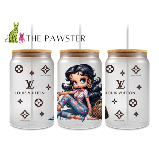 The Pawster Chic Luxe Girl Cup Wrap – UV DTF Wrap with Glam Girl in Ripped Jeans, Designer-Inspired Accessories and Brown Pattern Accents