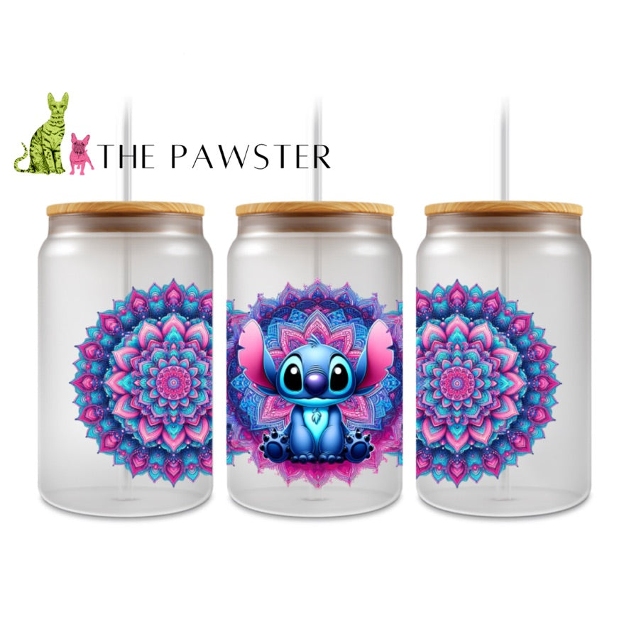 The Pawster Cosmic Cutie Mandala Cup Wrap – UV DTF Wrap with Alien Character and Colorful Mandala
