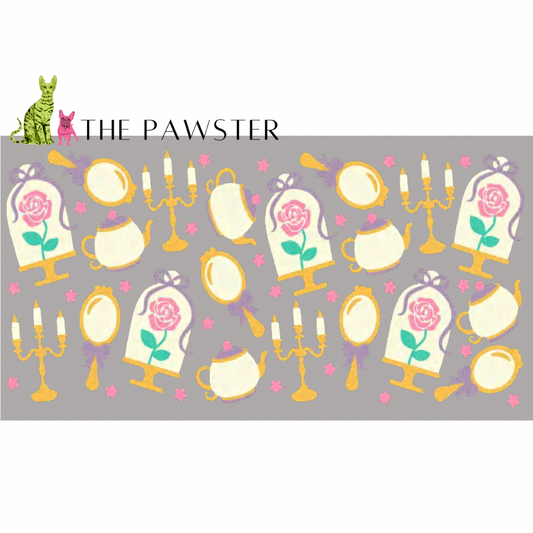 UV DTF cup wrap with enchanted roses, mirrors, candles, teapots, and magical elements inspired by Beauty and the Beast