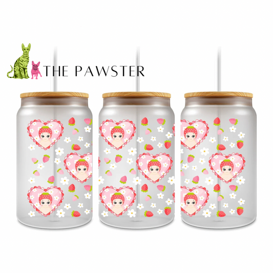 UV DTF cup wrap featuring Sonny Angel in pink hearts, surrounded by strawberries and flowers on a clear background