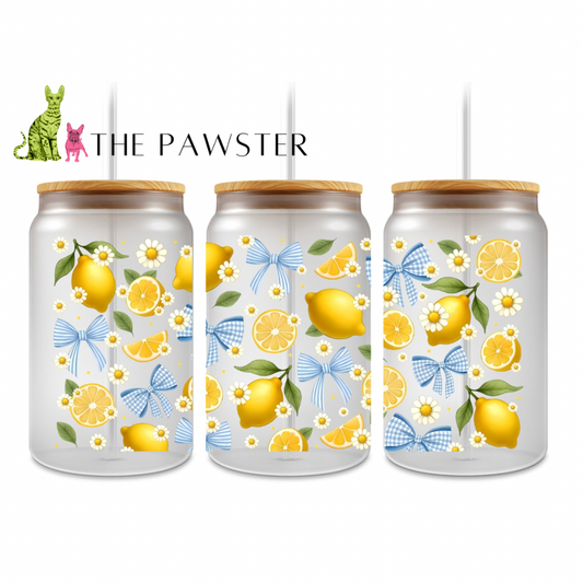 UV DTF cup wrap with yellow lemons, blue gingham bows, white daisies, and green leaves on a clear background